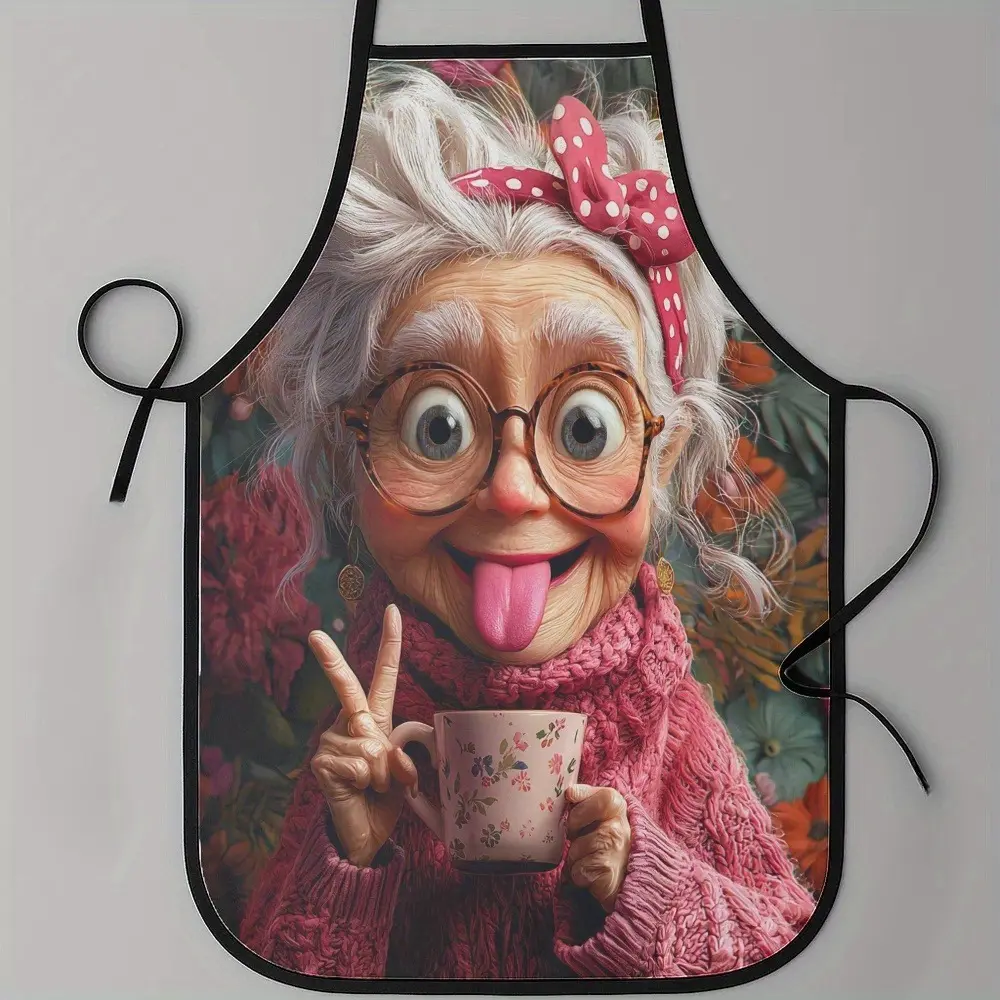 1pc Funny Grandma Chef Apron - with Pink Polka-Dot bow, Long Eyelashes & Cup - Heavy-Duty Polyester Cooking Apron for Baking, Cleaning - Perfect Gift for Home Cooks & Grandma's - Easy-Clean Kitchen Apparel, Baking Accessory, Playful Design, Adjustabl
