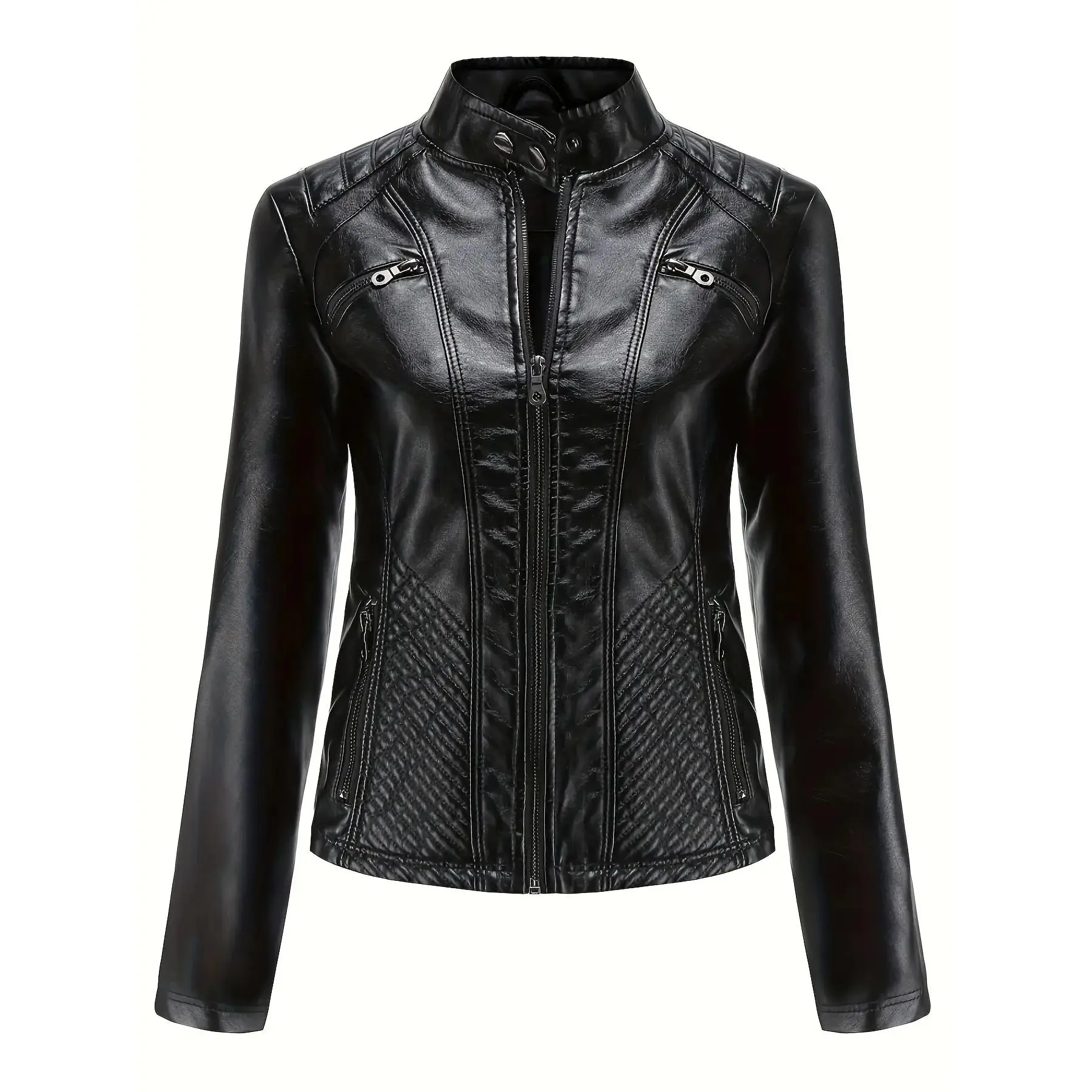 Women's Minimalist Slim-Fit Faux Leather Biker Outerwear - Long Sleeve, Standing Collar, Polyester Fabric Clothes, Solid Colour, Breathable, for Spring & Autumn, Black, Crimson, Camel, S-2XL