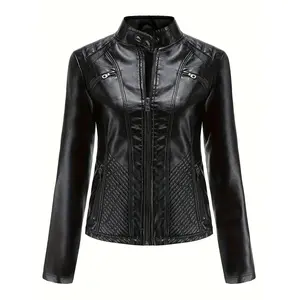 Women's Casual Faux Jacket Standing Collar Biker Jacket, Slim Coat Women Spring And Autumn Solid Colour Womenswear Black Crimson Camel S-2XL