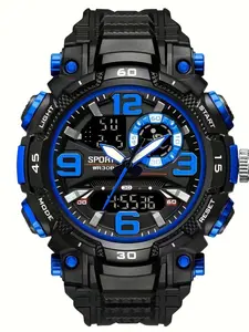 Men's Waterproof Electronic Watch, Multi-Function LED Date Alarm Timer, Dual Display, Casual Preppy Style, Round Face, Resin Case, 40mm Diameter, Waterproof Sport Watches