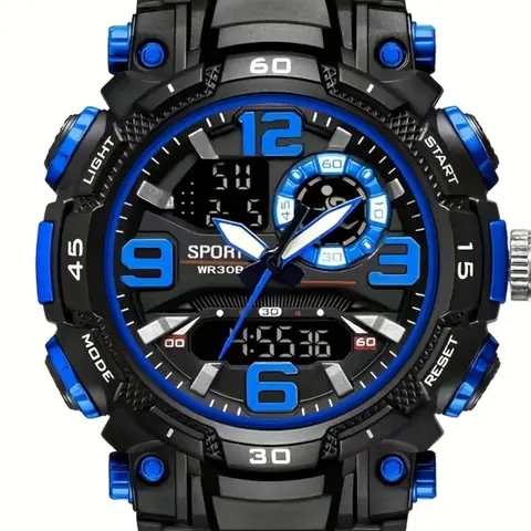 Men's 40-mm Diameter Waterproof Electronic Sport Watch, Multi-Function LED Date Alarm Timer, Dual Display, Casual Preppy Style, Round Face, Resin Case, Waterproof Multifunctional Watch