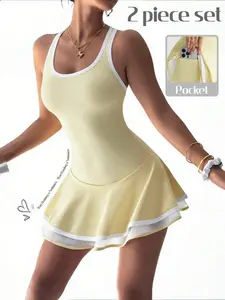 SLYNVIA Charm Fitted Mesh Patchwork Double Layer Sports Dress Golf Tennis Running Breathable Training Dress