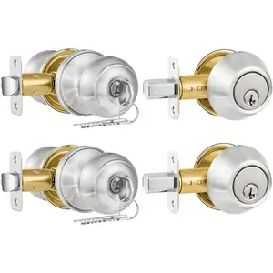 2 Pack Entry Door Lock and Single Cylinder Deadbolt Combo Set, Keyed Alike Satin Nickel Exterior Door Knobs with Lock&, Round Ball Door Locksets with Deadbolt for Entrance and Front Door