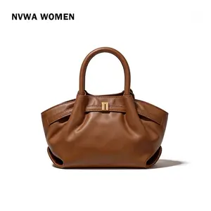 The Effortless Dumpling Tote - Cognac Brown Soft Leather Top Handle Bag with Minimalist Gold Clasp for Everyday Elegance