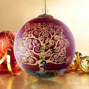 Hand-Blown Glass Ornament Painted from Inside Glass Ball Klimt Tree of Life Burgundy Christmas Tree Ornament Holiday Decor Housewarming Gift