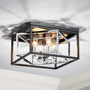CL035S Modern Flush Mount Ceiling Light Fixture, Square Ceiling Light, E12 Base 3-Lights, L12 x W12 x H7, Matte Black & Chrome Finish