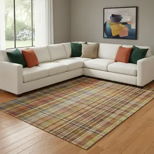 HomeRoots 648286 10 x 14 ft. Rust Gold & Green Plaid Washable Machine Made Rectangle Area Rug with UV Protection