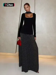 Women's Square Neck Long Sleeve Polka Dot Patchwork A-Line Dress, Casual Chic Fashion, Perfect for Daily Wear & Special Occasions, Womenswear Lady