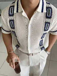 Vacation Casual Knit Shirt for Men - Retro Geo Print Hollow Out Mesh Short Sleeve Cuban Collar Top for Resort & Daily Wear