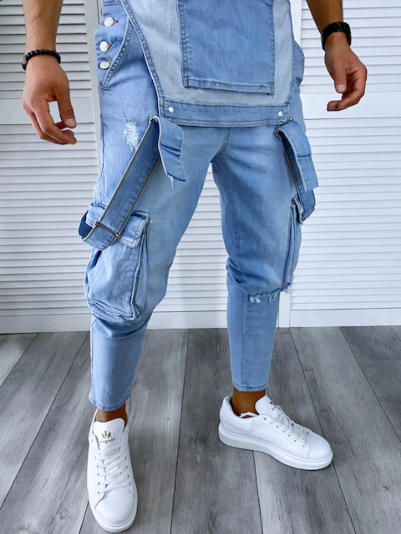 Men's Ripped Distressed Slim Fit Jumpsuits Jeans Trousers Streetwear Stylish Solid Bib Overalls Strap Jeans Denim Pants Casual Menswear