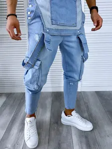 Men's Ripped Distressed Slim Fit Jumpsuits Jeans Trousers Streetwear Stylish Solid Bib Overalls Strap Jeans Denim Pants Casual Menswear