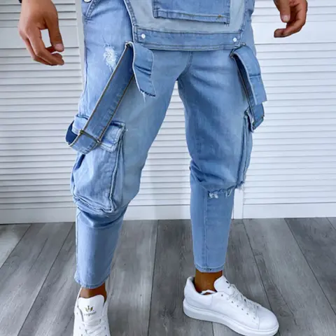 Men's Ripped Distressed Slim Fit Jumpsuits Jeans Trousers Streetwear Stylish Solid Bib Overalls Strap Jeans Denim Pants Casual Menswear Vintage Distressed Style Pocket