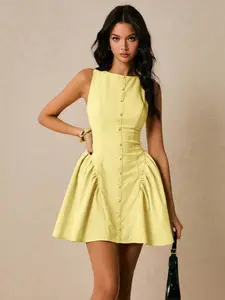 OLIVIA Women Solid Color Boat Neck Sleeveless Pleated Patchwork Single Breasted Mini Dress