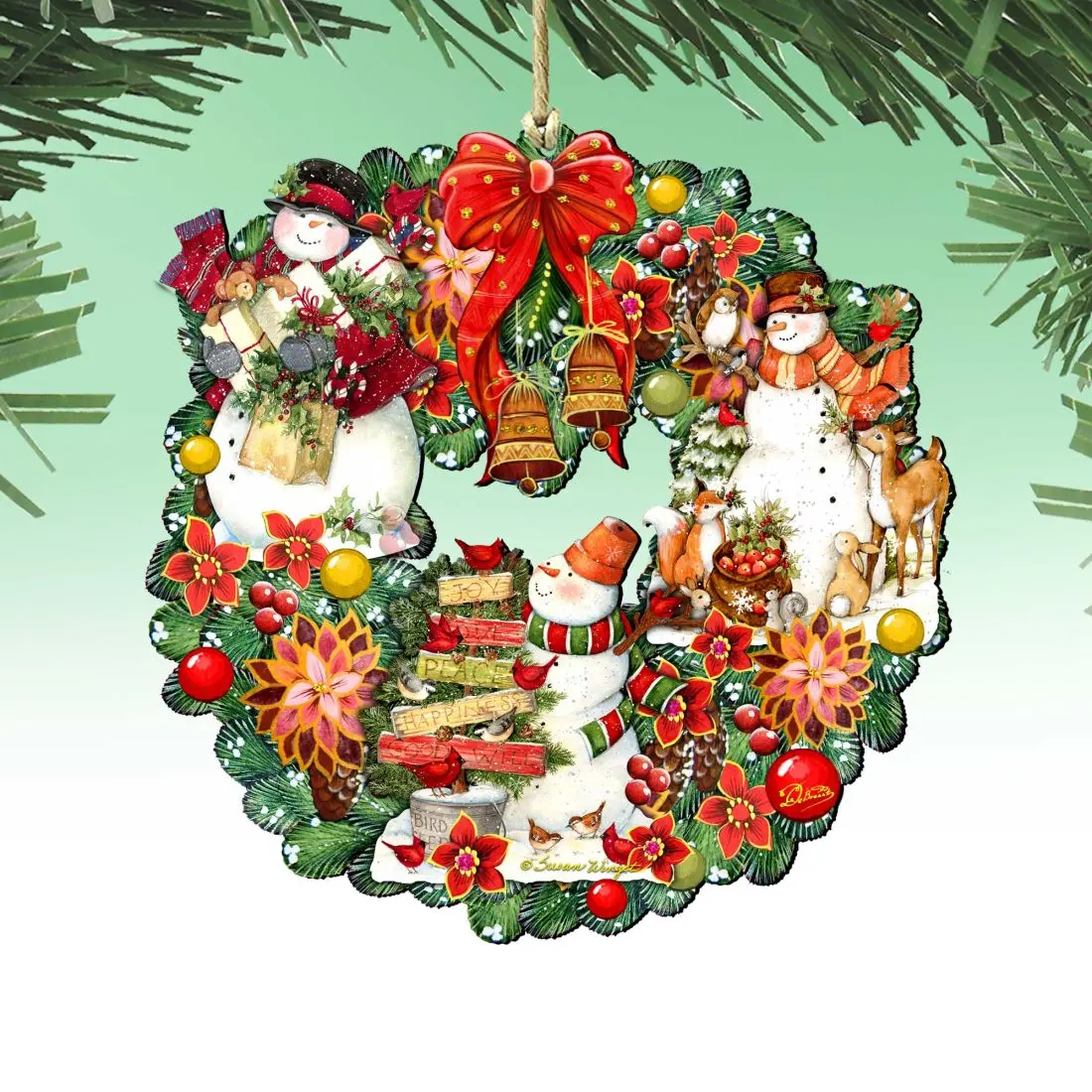 Designocracy 8185307-4M-SW Handmade Artistic Santa Claus Snowy Holiday Wreath Wooden Ornaments (5x5.5 in, Set of 2) - Lightweight, Sturdy, UV & Weather Resistant, Outdoor Safe, Festive Home Gift, Indoors Decor, Gift Bag Compatible Home/Festive Decoration,