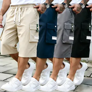 4-pack men’s cargo shorts, 7/8 length, elastic drawstring high waist summer style, large pocket design, letter patch decoration, stylish casual athletic shorts