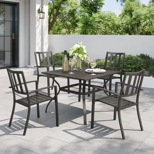 Phivilla Home 5 Piece Outdoor Table and Chairs, Patio Dining Set for 4,37" Black Square Metal Table and Stackable Wrought Iron Chairs with Umbrella Hole for Patio, Deck, Porch, Backyard