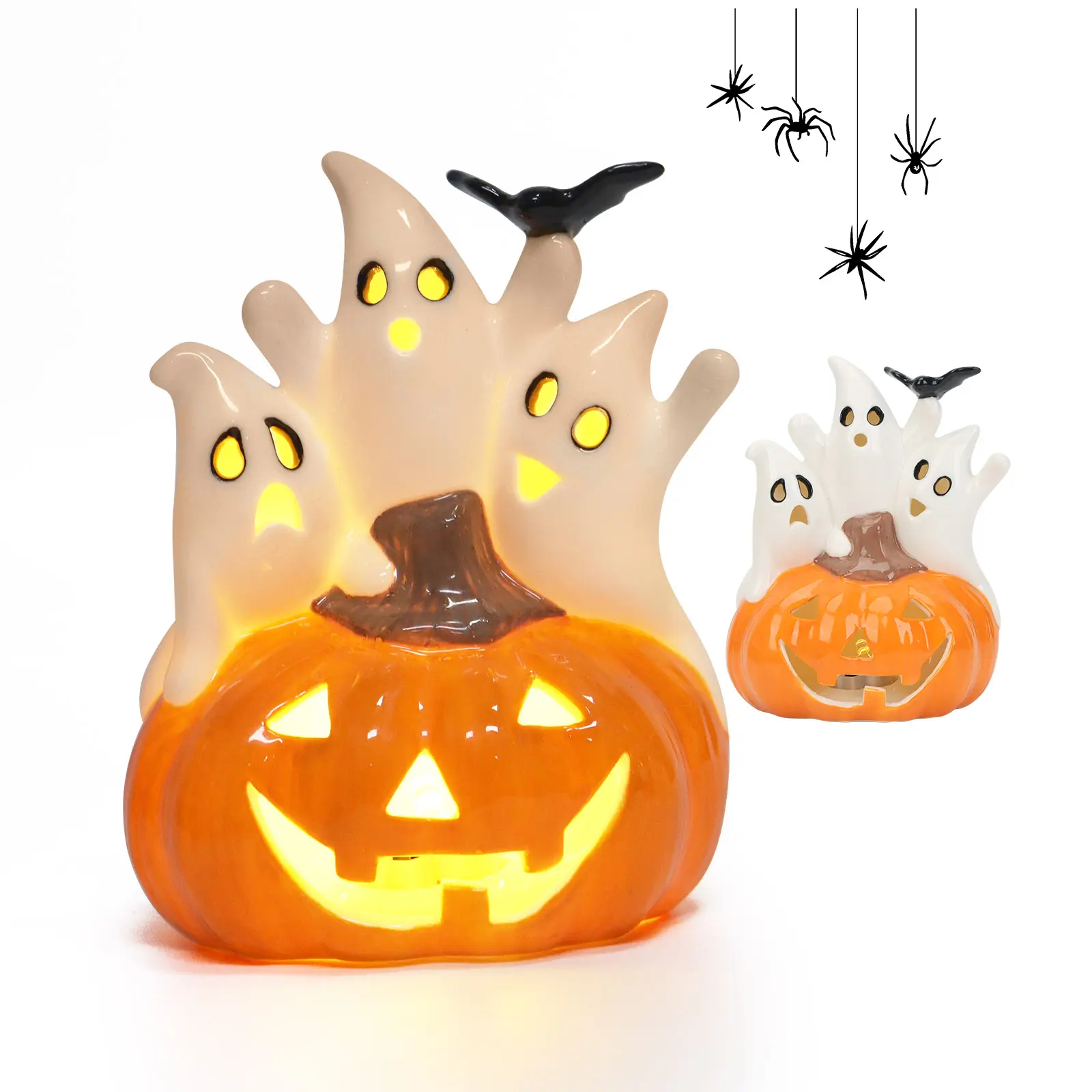 Halloween Lighted Stacked Pumpkins, 15’’ H Pre-Lit Lighted Pumpkins, Light Up Halloween Pumpkin Decoration for Indoor, Outdoor, Porch, Yard, Holiday Decor