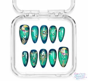 GakuNails ABYSS STARLIGHT Multi-Pack Press-On Nails - 10 Pcs Medium Almond Handmade Press-On Nails with Cat Eye Effect, 3D Diamond, Gold Trim, Builder Gel, Gold Charm, Heart Print, Romantic for Valentine's Day