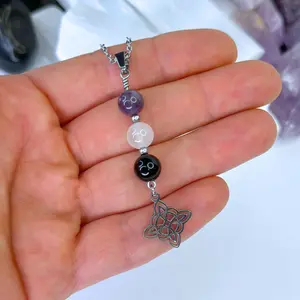 FIMENESS AMETHYST, SELENITE, TOURMALINE 8MM BEAD WITCH KNOT CHARM CRYSTAL DROP PENDANT NECKLACE STAINLESS STEEL HAND MADE NON TARNISH JEWELRY
