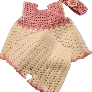 Cute Crochet Baby Dress with Diaper Cover - Pink n White for Girls