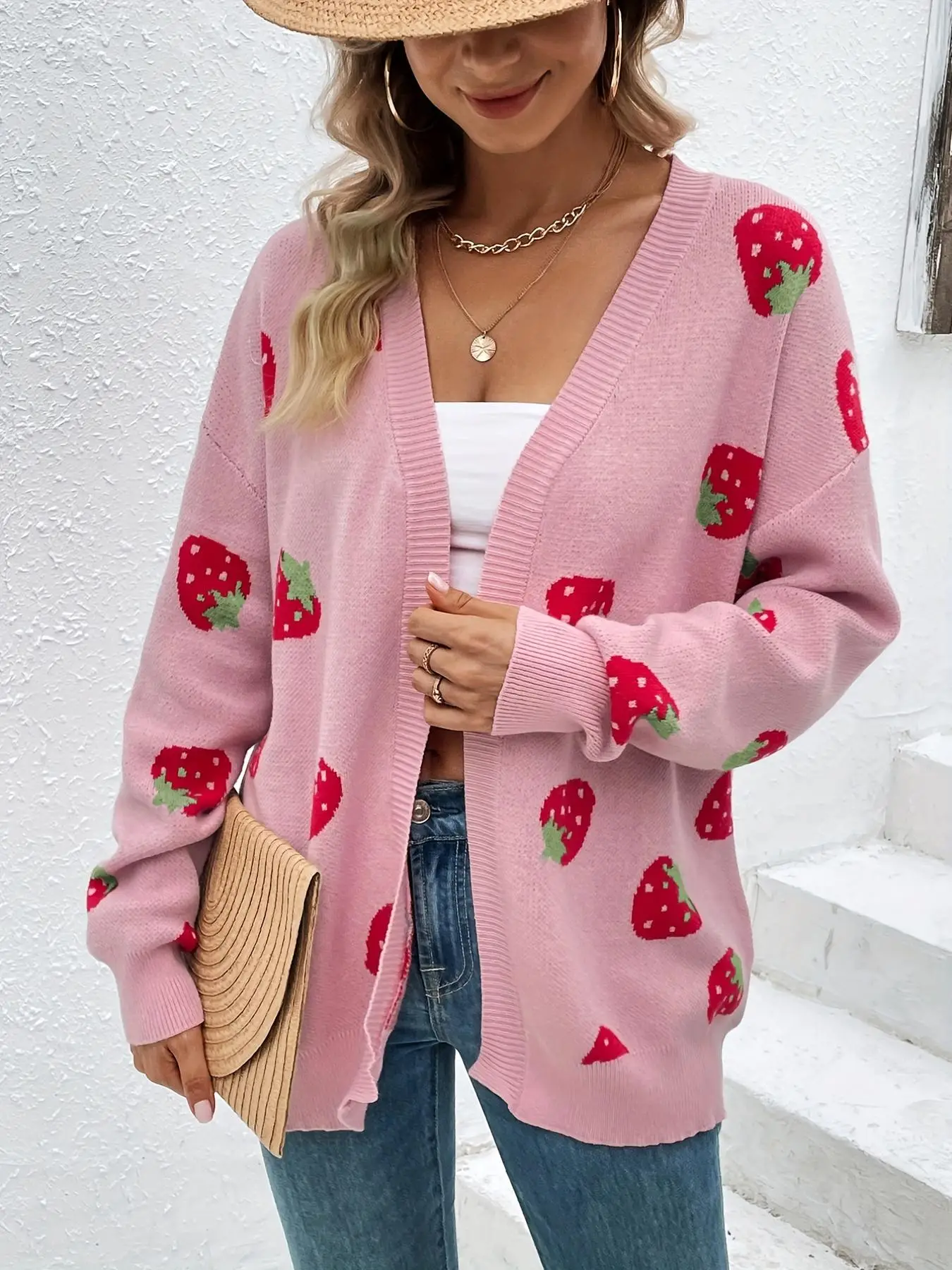 Women's Strawberry Print Drop Shoulder Cardigan, Casual Cute Long Sleeve Knitwear for Daily Outdoor Wear, Women's Knitwear for Fall & Winter