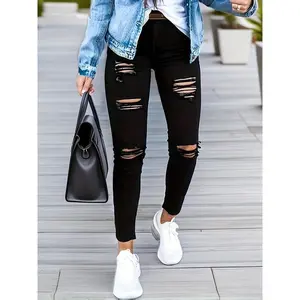 Women's Stretch Ripped Skinny Jeans - Casual Distressed Denim, Mid-Rise, Comfortable Fit, Machine Washable - Black  Spandex Womenswear Bottom Elastic Medium Printed Solid Pants Trouser