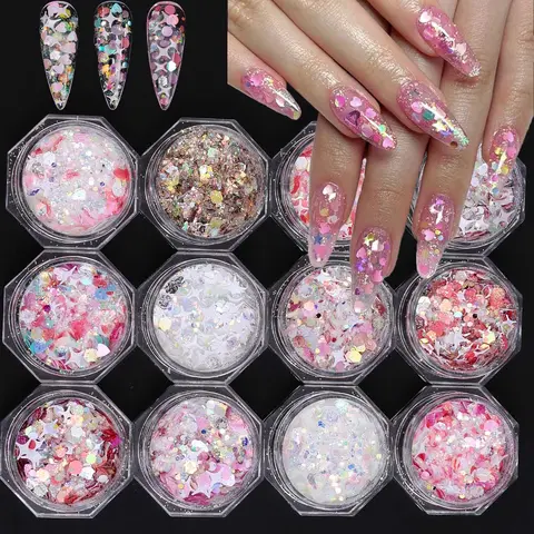 12 Boxes Series Nail Art High Quality Glitter Set, Bedazzling Glitter Kit, Mixed Stars Heart Bow Round Flat DIY Nail Accessories, Shiny Charm Design Decorations, Nail Decoration Supplies, Glitter Nails