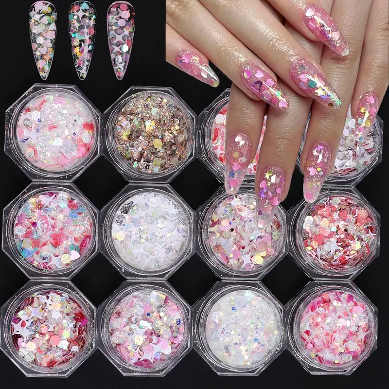 12 Boxes Series Nail Art High Quality Glitter Set, Bedazzling Glitter Kit, Mixed Stars Heart Bow Round Flat DIY Nail Accessories, Shiny Charm Design Decorations, Nail Decoration Supplies, Glitter Nails
