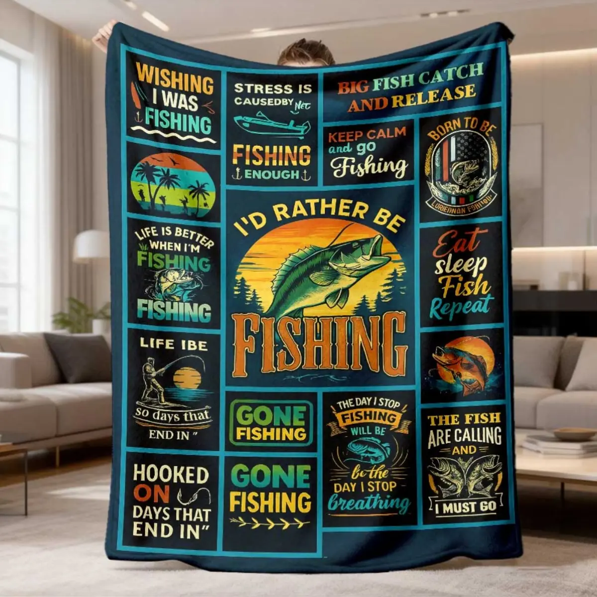 2026 New Soft Anti-Pilling Polyester Flannel Blanket - Funny Fishing Theme, Printed Fish Graphics & Tackle Designs, Rectangular Durable All-Seasons Home Decor Tapestry, Machine Washable Gift for Men (Couch Layering, Camping)