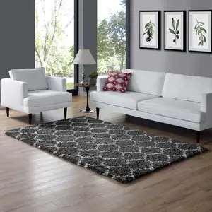 Modway Solvea Moroccan Trellis 5x8 Shag Area Rug in Dark Gray and Ivory