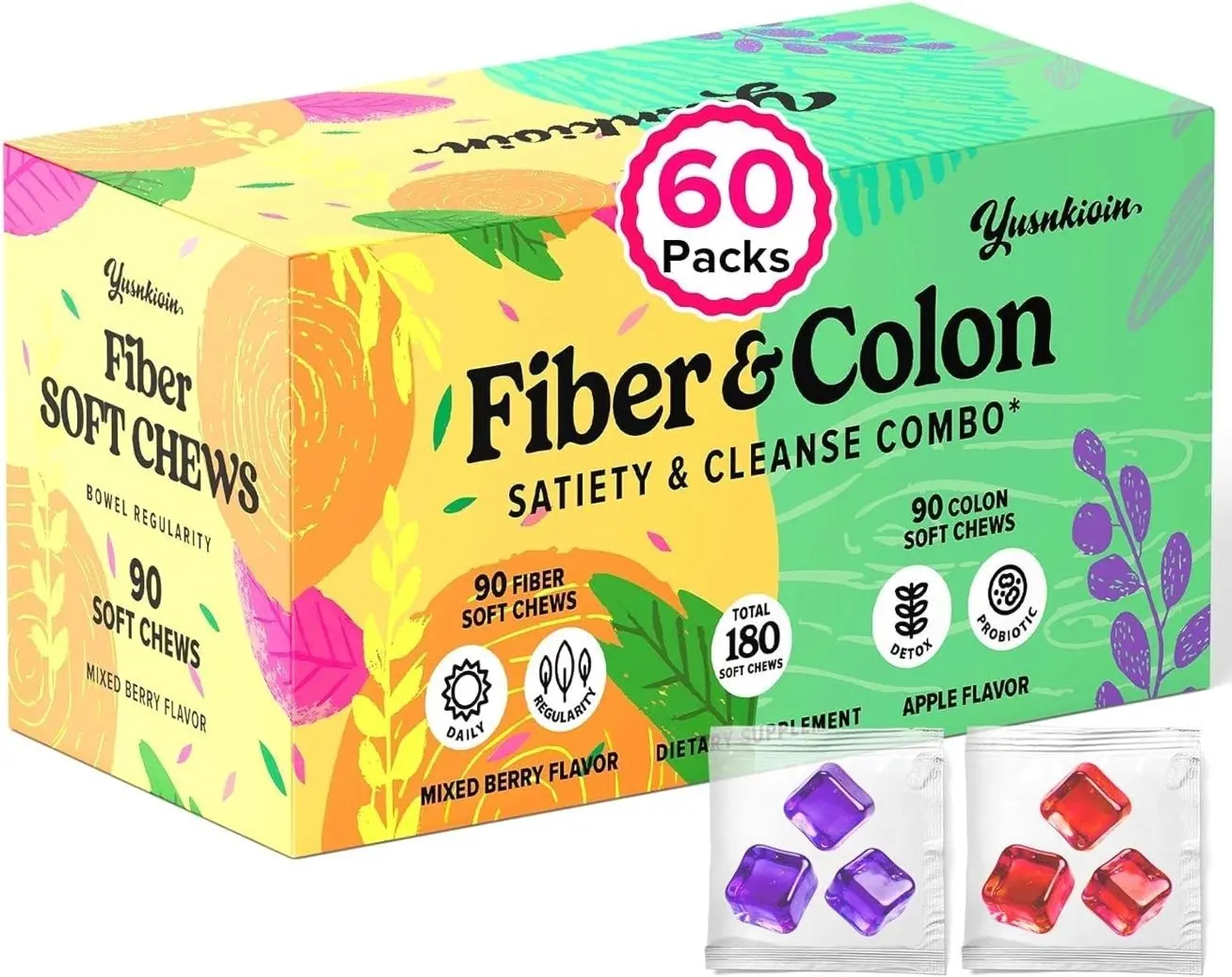 Fiber Gummies & Colon Gentle Cleanse - 180 Soft Chews Fiber Gummies for Adults, 50 B Probiotics, Psyllium Husk & Senna - Colon Detox Cleanse for Gut Health, Regularity & Bloating Relief