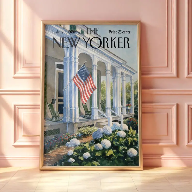 Vintage New Yorker Colonial House Poster, American Porch Wall Art, Classic Southern Home Print, Magazine Cover Illustration