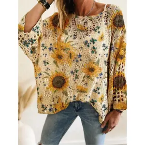 Women's sunflower printed crochet sweater, Bohemian casual batsleeved knitted floral top, summer women's clothing, women's clothing, knitwear, lightweight knitted sweaterRAIMENTRY