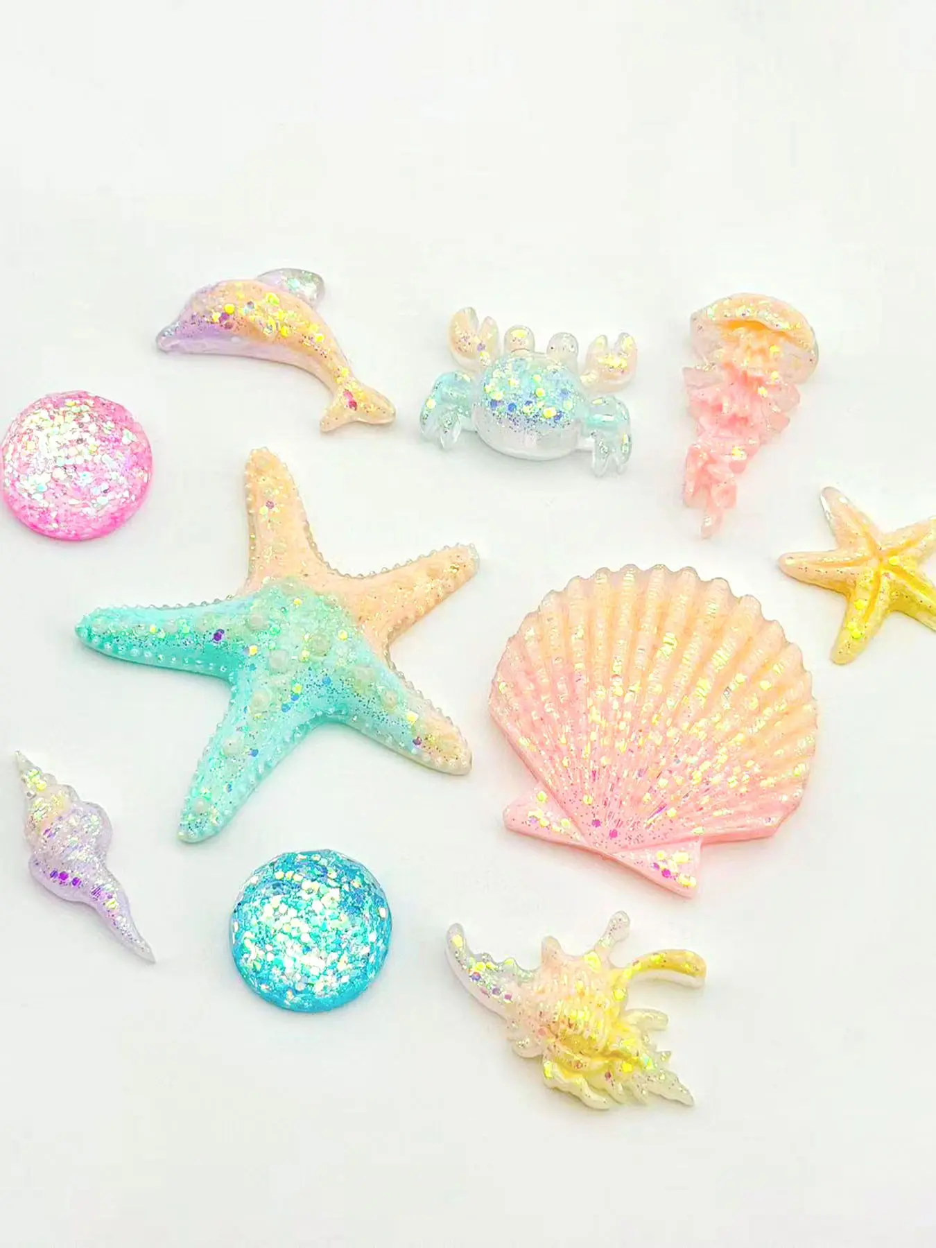10 Pcs Dreamy Ocean Style Durable Resin Shoe Buckles, Glitter Starfish Shell DIY Shoe Accessories, Hole-In-Heel Decorative Footwear Attachments, Shoe Decoration Charms
