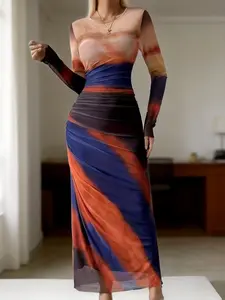 Women's Fashion Mesh Print Ruched Sexy Tight Dress, Elegant Summer A-Line Maxi Dress, Perfect for Parties and Daily Wear, Fit