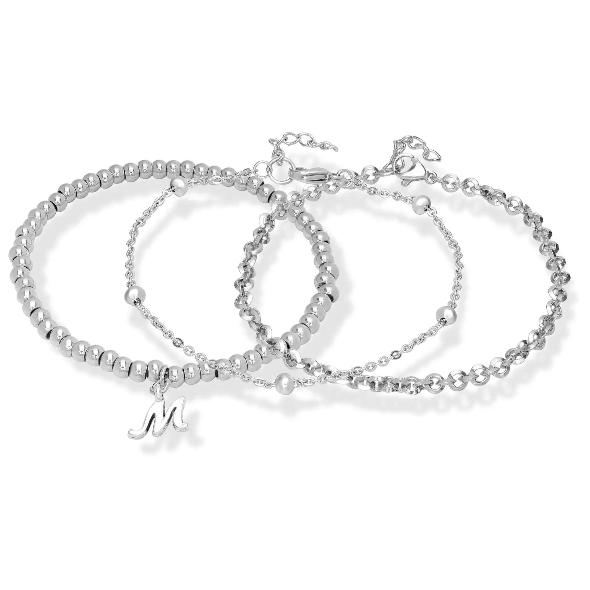 Steel by Design Set of 3 Beaded Initial Charm Bangles Steel by Design Set of 3 Beaded Initial Charm Bangles