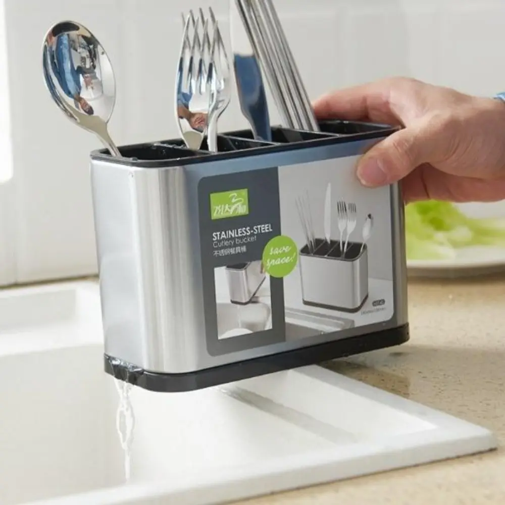 Kitchen Utensil Holder, Stainless Steel Utensil Drying Rack Flatware Holder Sinkware Caddy Countertop Organizer with 4 Divided Compartments, Rust Proof