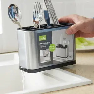 Kitchen Utensil Holder, Stainless Steel Utensil Drying Rack Flatware Holder Sinkware Caddy Countertop Organizer with 4 Divided Compartments, Rust Proof