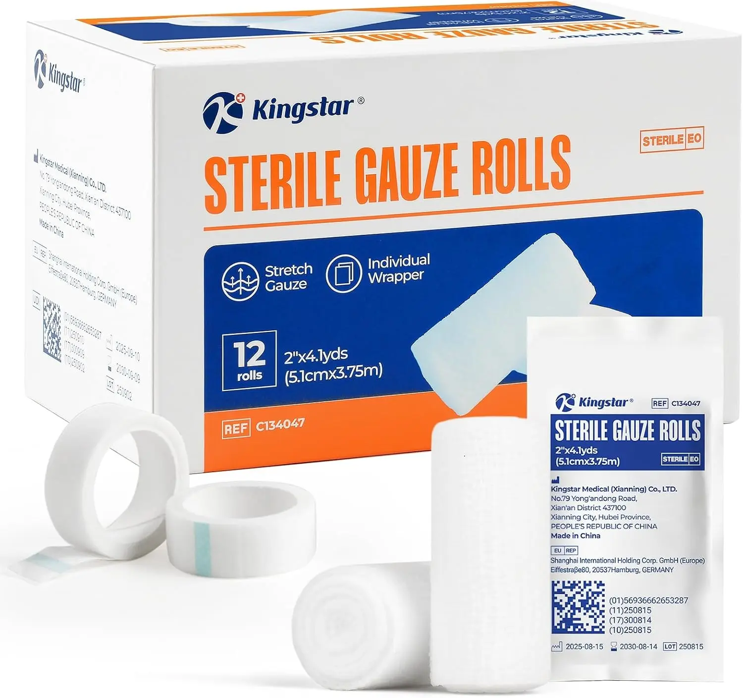 Kingstar Sterile Gauze Rolls 2in x 4.1 Yards, 12 Pack Conforming Stretch | Gauze Bandage, Firm Support for Dressings and Splints, Latex-Free First Aid Supplies Individually Wrapped with Bonus Tape