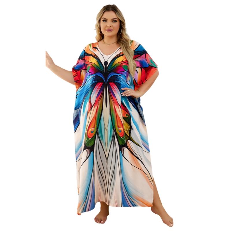 Women's Plus Size Rayon Boho V-Neck Floral Batwing Sleeve Casual Long Caftan Maxi Dress - Print Fabric, Side Slits, Lightweight, All Seasons, Pool Use, Hand Wash Only, Do Not Bleach, Imported