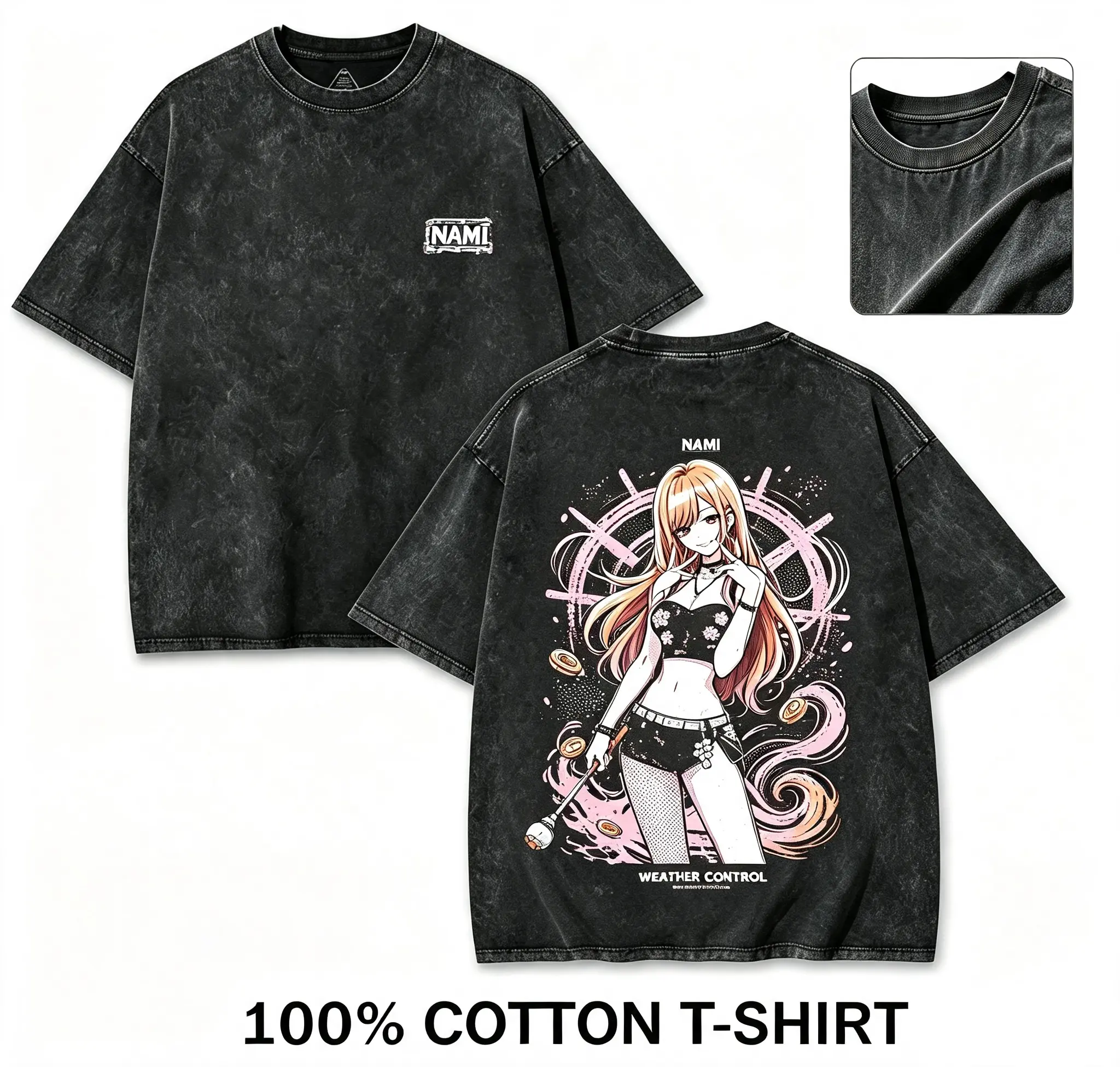 Men's Vintage Washed 100% Cotton Oversized Crew Neck Short Sleeve Anime Graphic Tee - Nami Weather Control Print, Front Text Logo, Back Character Art Streetwear Top graphic tees vintage t shirts