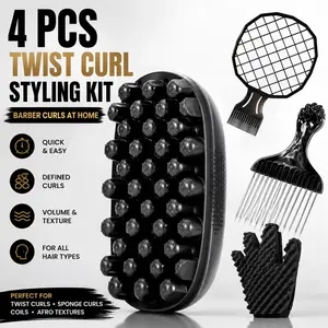 Twist Curl Styling Kit for Men, 4PCS Afro Twist Sponge Set with Curl Brush, Hair Pick & Textured Curl Glove for Defined Coils, Waves & Natural Short Hair