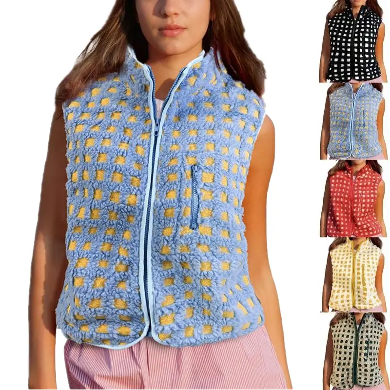 Woodberry Women's Plaid Sherpa Gilet - Casual Zip-Up Yoga Workout Vest with Chest Pocket, Sleeveless Layering Tank Tops, Sweater Vest