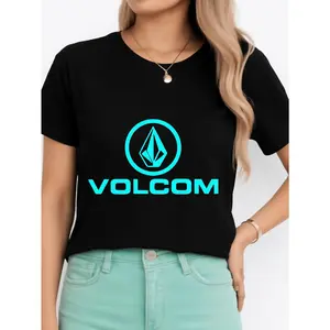 Women's Volcom Logo Solid Minimalist Round Neck Cotton Fabric T-Shirt, Black Short-Sleeve Unisex Top, Breathable, All-Season, Everyday Versatile, Made in USA