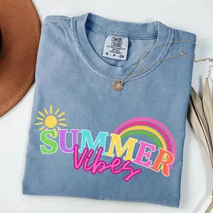 Summer Vibes Comfort Colors T-Shirt, Retro Rainbow Sunshine Graphic Tee, Colorful Summer Shirt, Beach Vacation Outfit, Cute Aesthetic Tee for Women