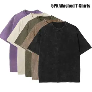 5 Pack Oversized Tshirts for Men Gym Vintage Heavyweight T Shirts Cotton Workout Acid Wash Baggy Tees