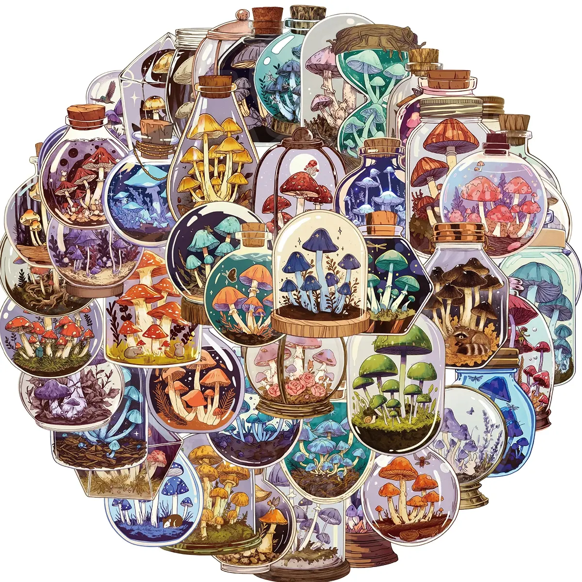 50pcs Bottle Mushroom Stickers,Vintage Mushroom Sticker Waterproof PET Stickers for Scrapbook Accessories Journaling Photo Album Collage Card Nature Colorful Agaric Sticker Art Supplies Decal for Teens and Adults Sticker Set