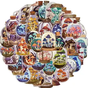 50pcs Bottle Mushroom Stickers,Vintage Mushroom Sticker Waterproof PET Stickers for Scrapbook Journaling Photo Album Collage Card Nature Colorful Agaric Sticker Art Supplies Decal for Teens and Adults