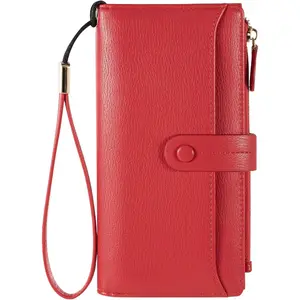 Womens Wallet Large Capacity RFID Blocking Wallet Long Bifold Clutch Card Holder Purse with Wristlet - Red