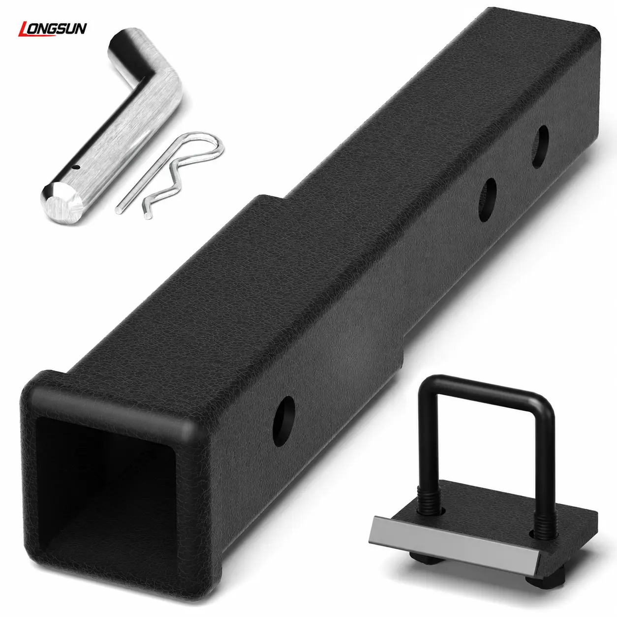 Longsun Upgraded 2-Inch Towing Hitch Extender, 7.3"-9.3" Adjustable Length with Anti-Rattle Stabilizer (Stabilizes Connection), 5/8-Inch Pin & Clips, 3500 lbs Load, Matte Black, Stabilizes Hitch